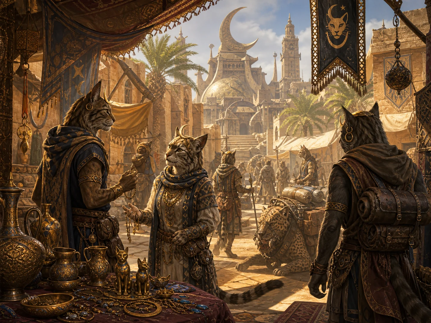 Warm Elsweyr market and moon temple scene for ESO Khajiit names