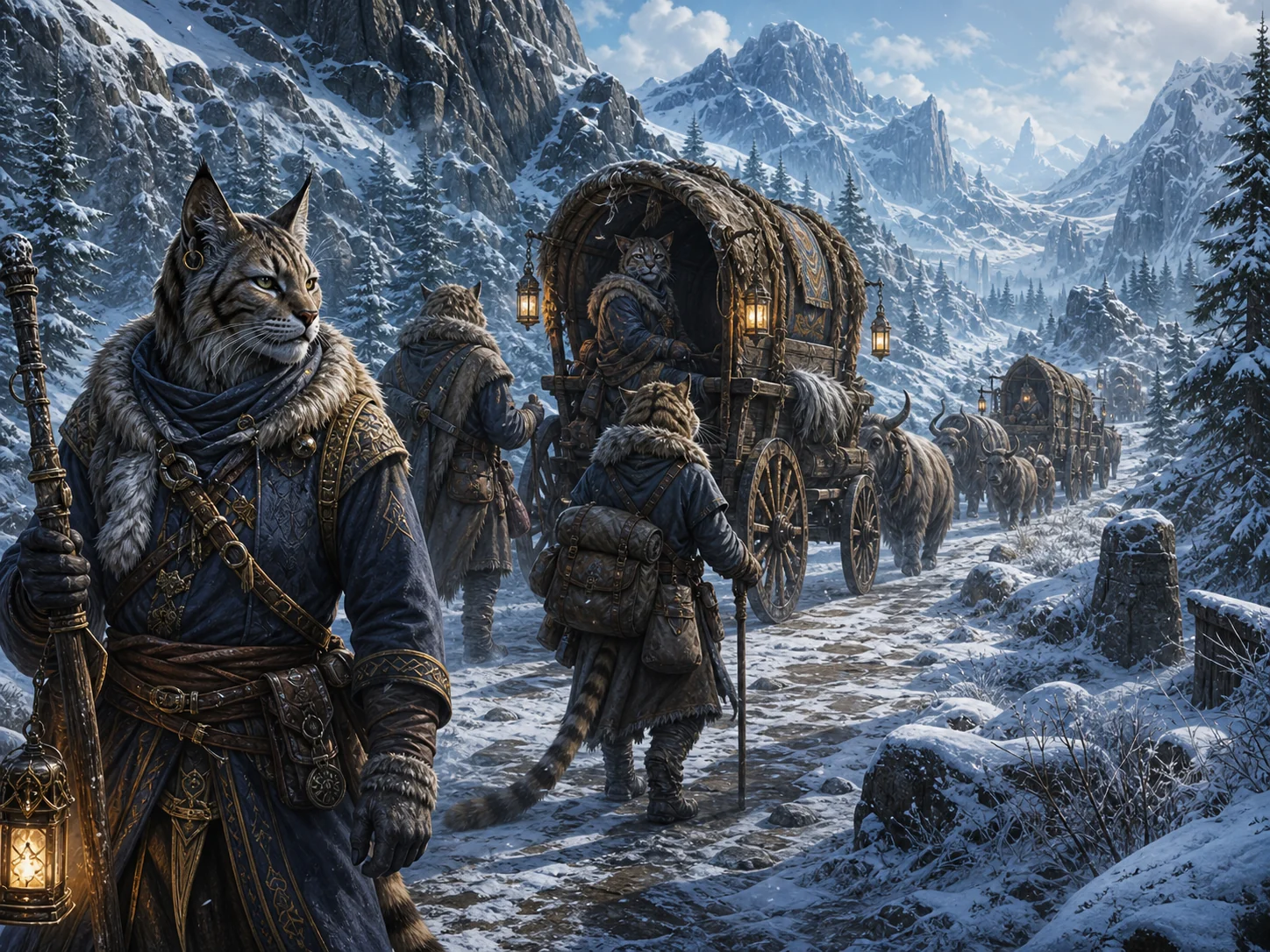 Khajiit caravan traveling on a cold Skyrim road